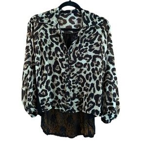 Deluxsey cheetah leopard black lace brown tan Longsleeve button down collard top